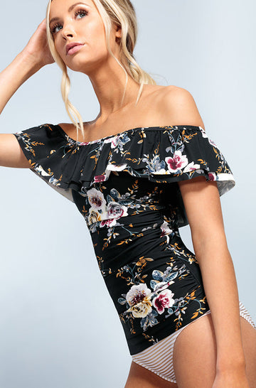 Off The Shoulder Ruched Double Ruffle Tankini Top - Black Orchard - FINAL SALE