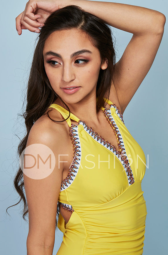 Ruched V Neck Embroidery One Piece - Buttercup Yellow - Restocked
