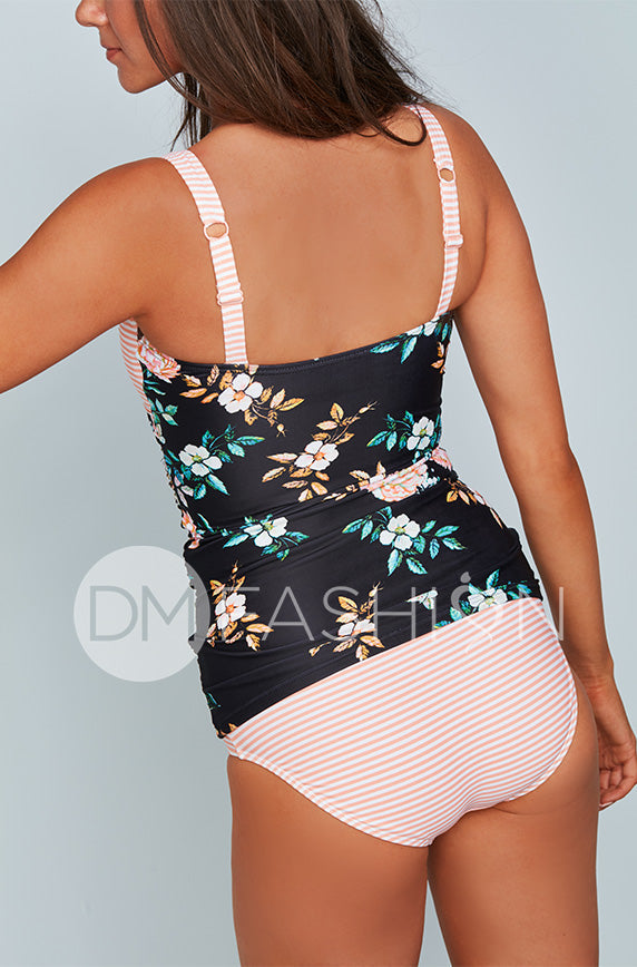 Sweetheart Ruched Tankini Top - Retro Floral Stripes - FINAL SALE - LOW STOCK