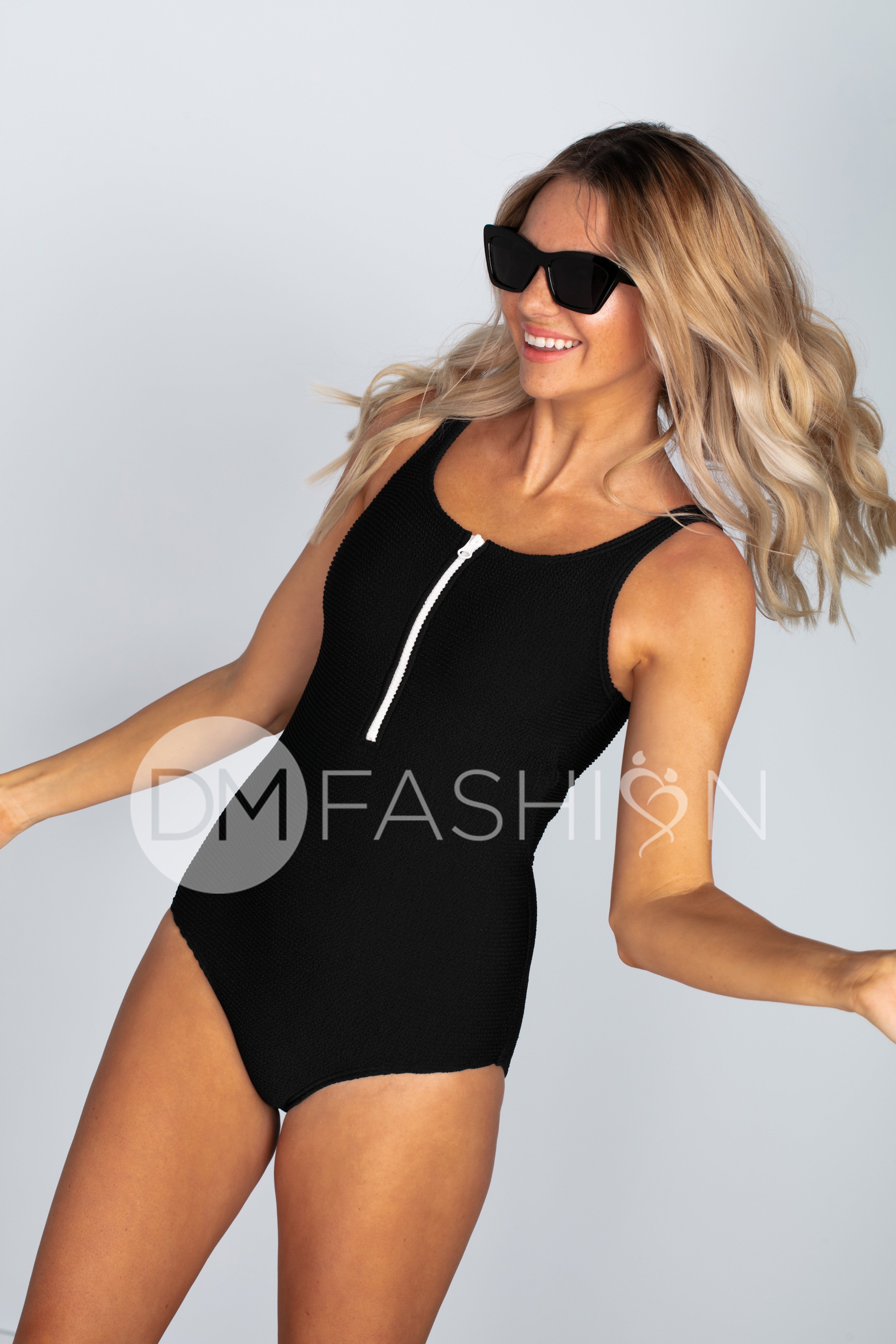 Zipper Open Back Textured One Piece - Black - Restocked - LOW STOCK