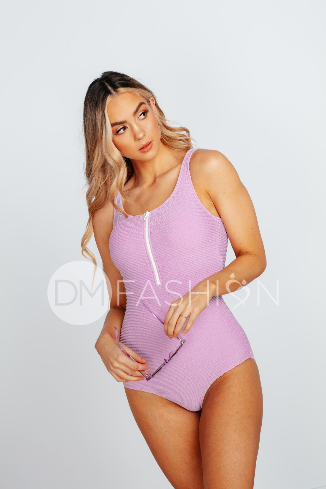 Zipper Open Back Textured One Piece - Neon Lilac - Restocked