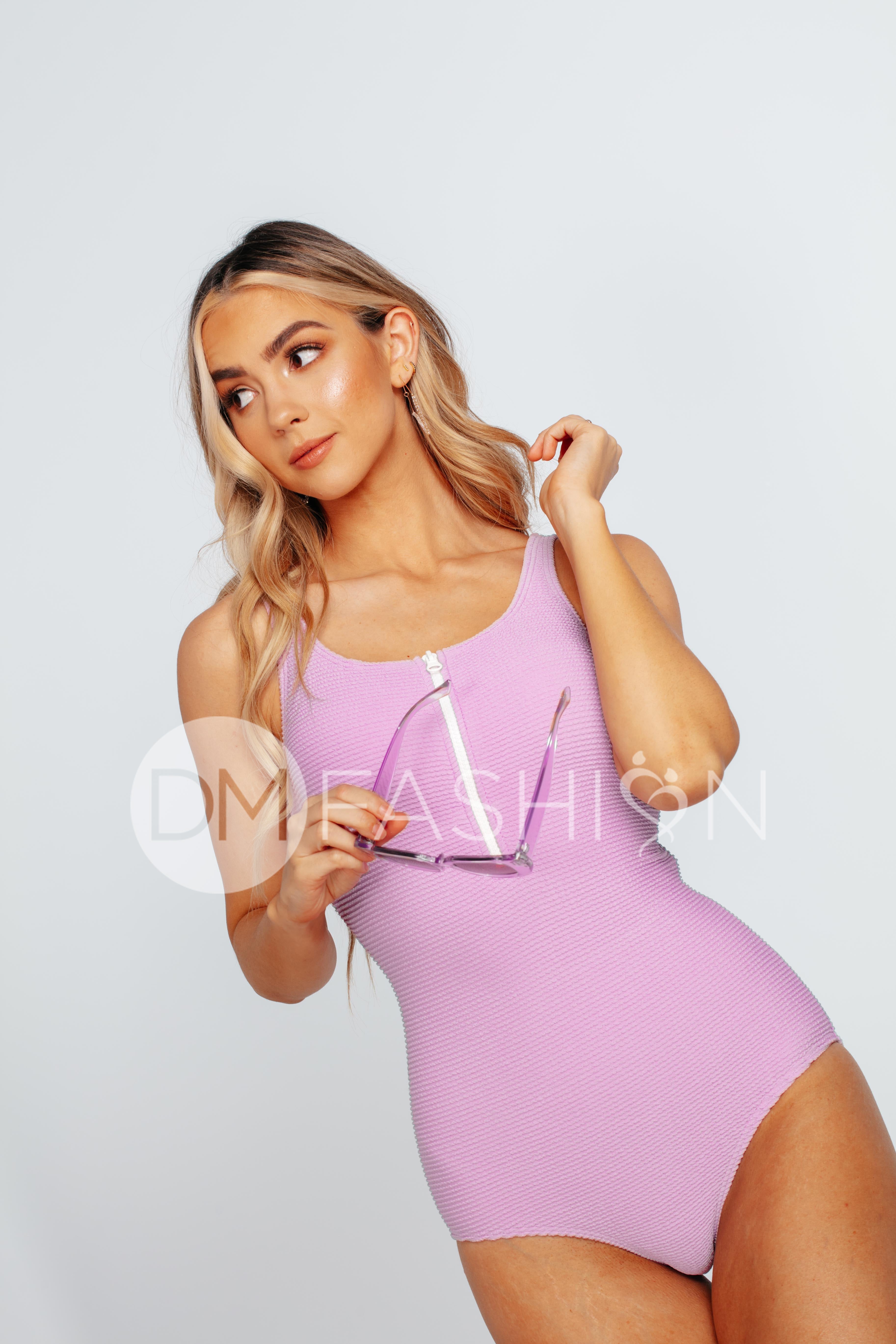 Zipper Open Back Textured One Piece - Neon Lilac - Restocked