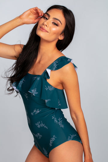 Waterfall One Piece - Teal Etched Floral