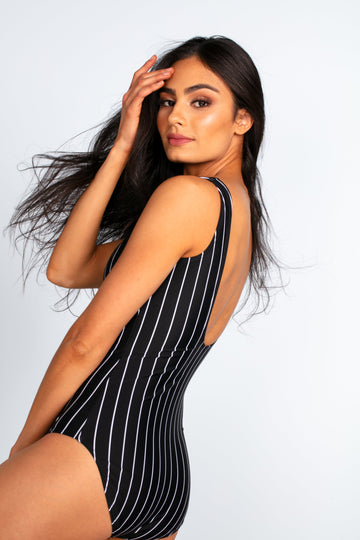 Scoop Neck One Piece - Black Pinstripes