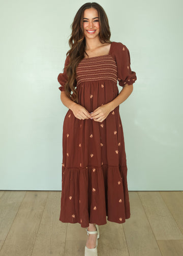 Dalia Brown Flower Embroidered Dress - FINAL SALE