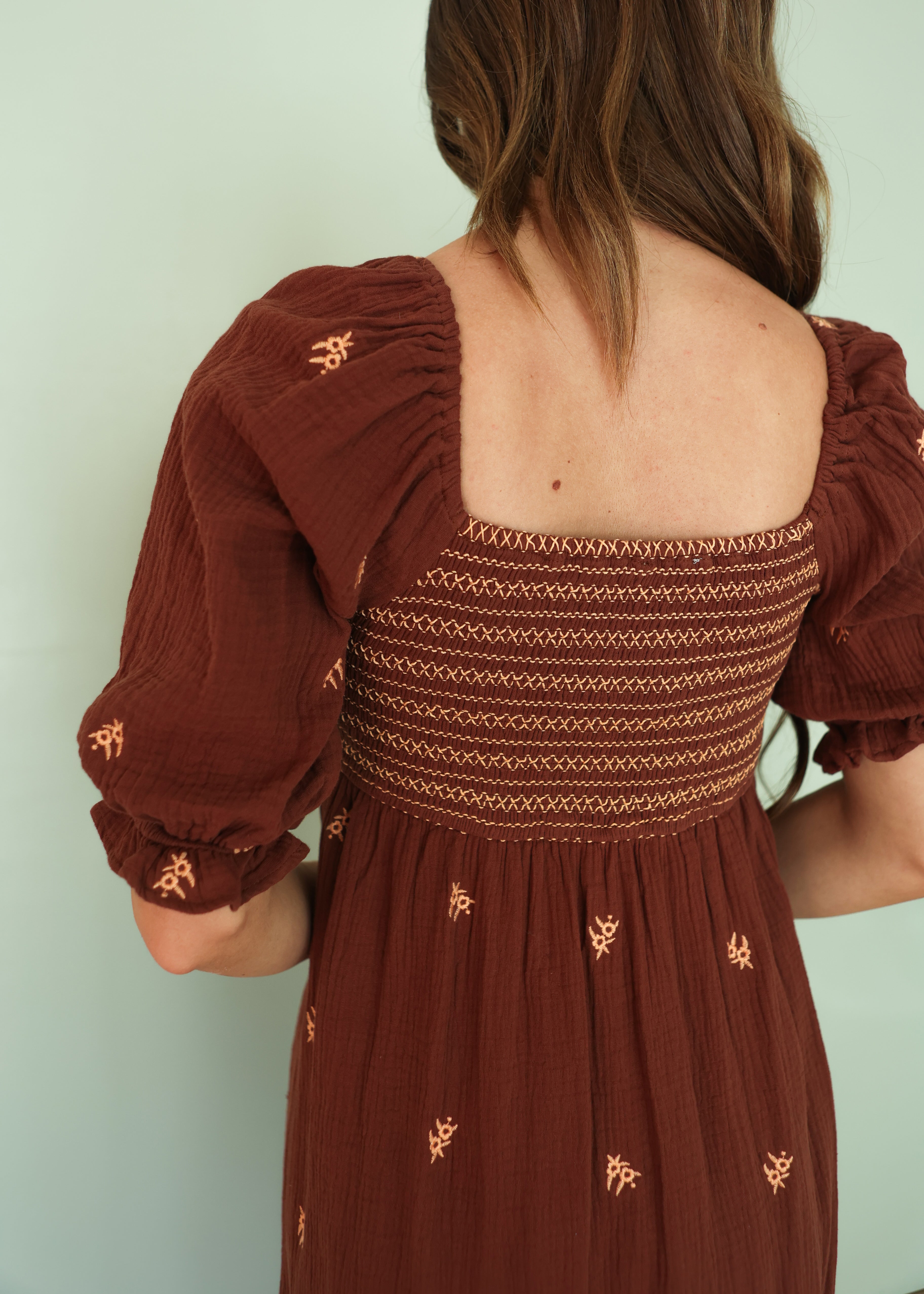 Dalia Brown Flower Embroidered Dress - FINAL SALE