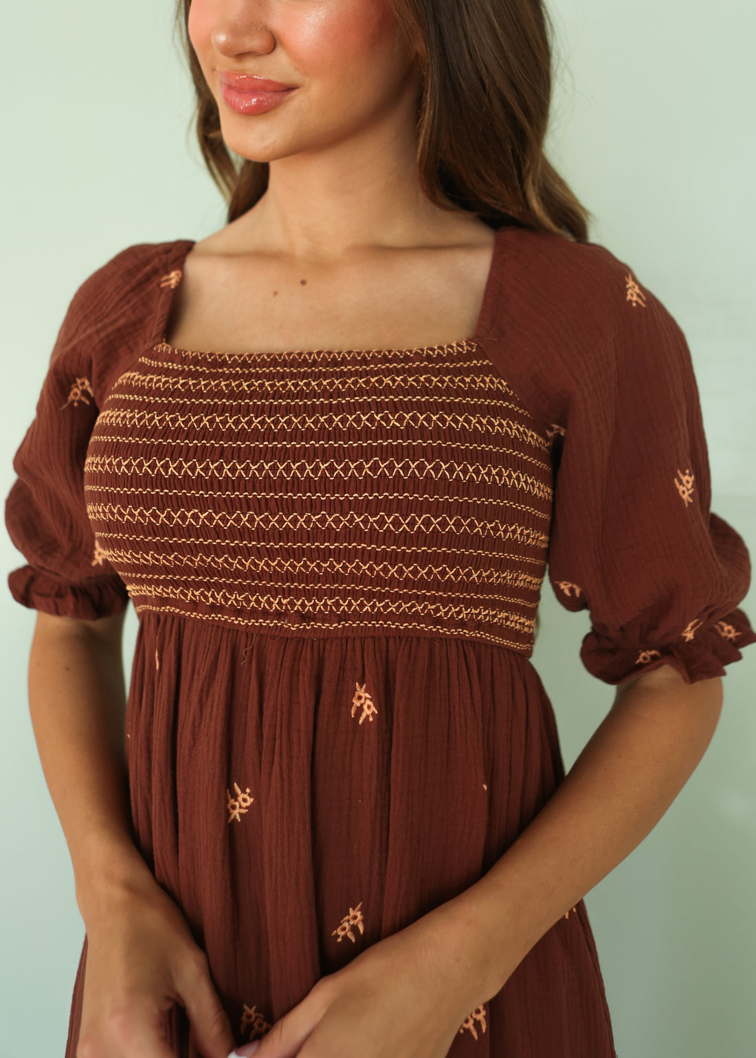 Dalia Brown Flower Embroidered Dress - FINAL SALE