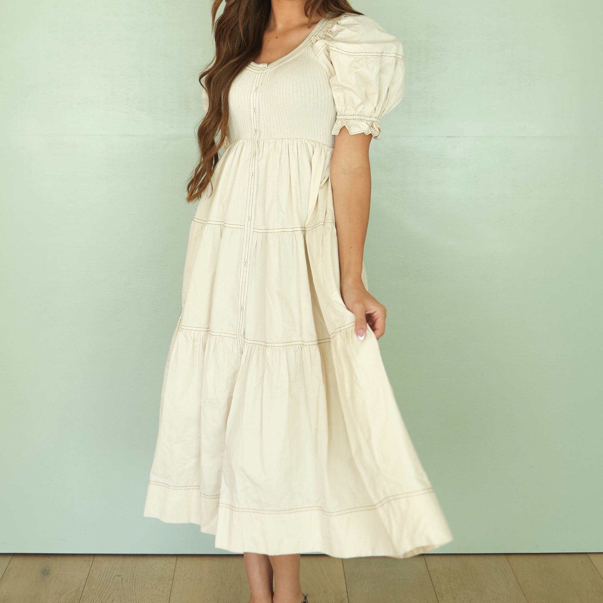 Ella Neutral Midi Dress w/ Puff Sleeve - FINAL FEW - FINAL SALE - SOLD OUT