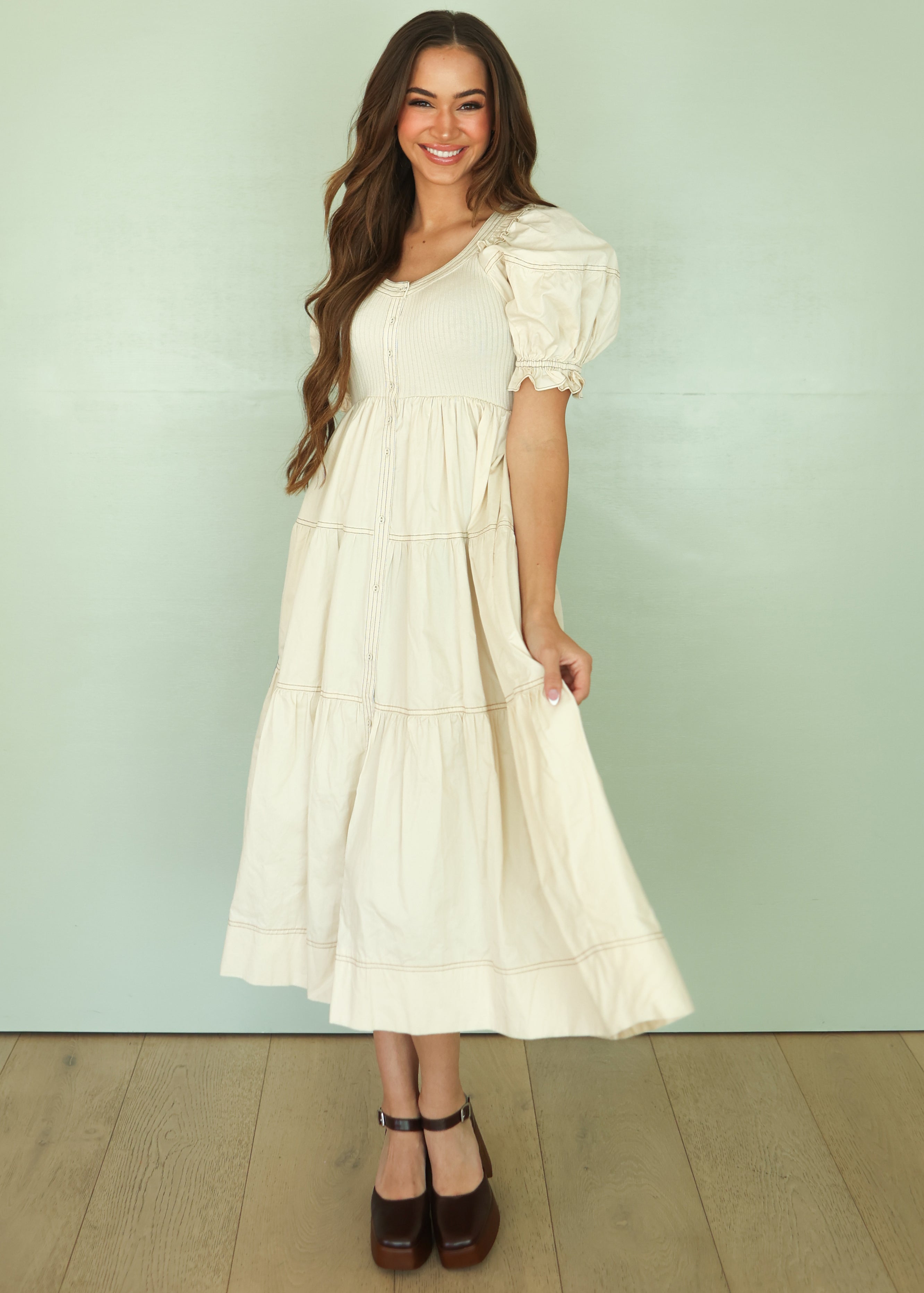 Ella Neutral Midi Dress w/ Puff Sleeve - FINAL FEW - FINAL SALE - SOLD OUT