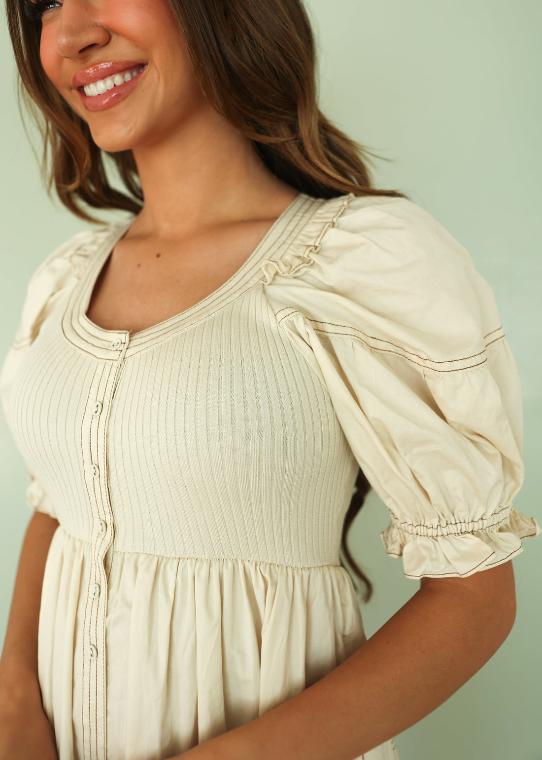 Ella Neutral Midi Dress w/ Puff Sleeve - FINAL FEW - FINAL SALE - SOLD OUT