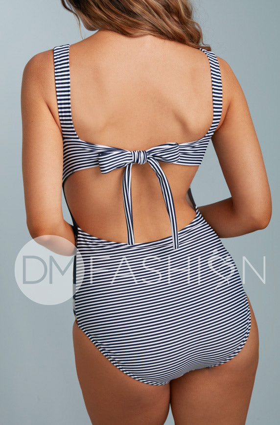 Scoop Neck Back Tie One Piece - Navy Lilly Stripes