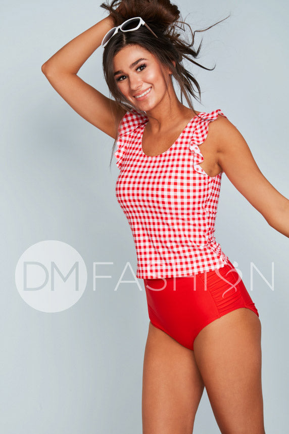 Ruffle V Back Midkini Top - Cherry Red Gingham
