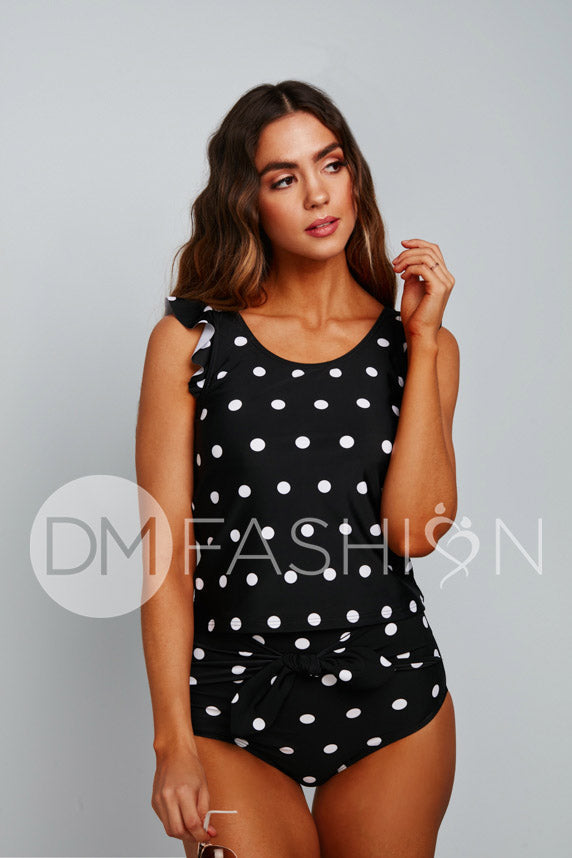 Ruffle V Back Midkini Top - Black Polka Dot