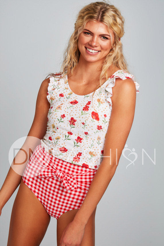 Ruffle V Back Midkini Top - Cherry Red Blossoms - LOW STOCK