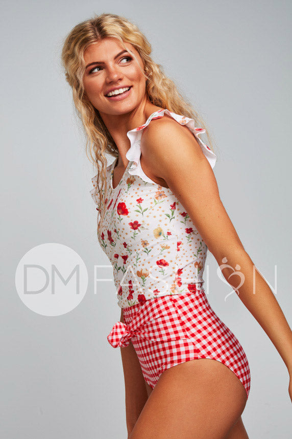 Ruffle V Back Midkini Top - Cherry Red Blossoms - LOW STOCK