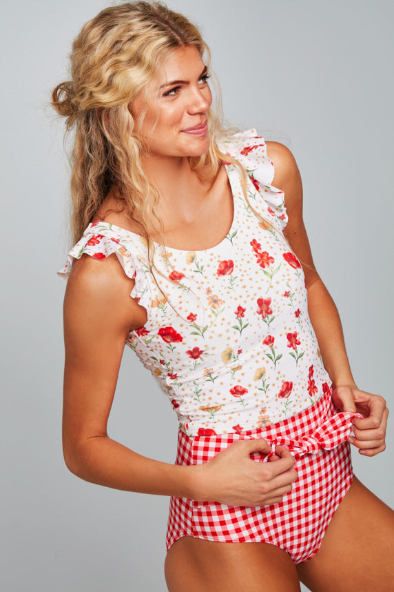 Ruffle V Back Midkini Top - Cherry Red Blossoms - LOW STOCK