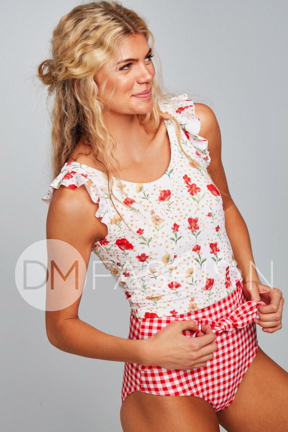 Ruffle V Back Midkini Top - Cherry Red Blossoms - LOW STOCK
