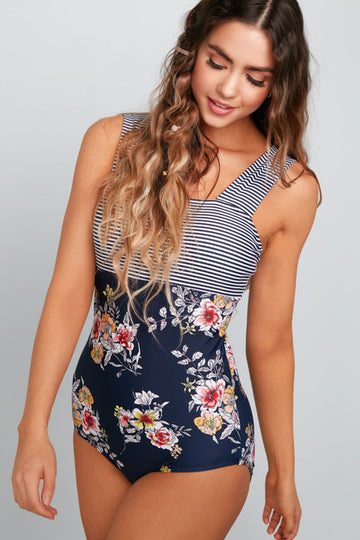 Square Neck Color Block One Piece - Navy Lilly Stripes