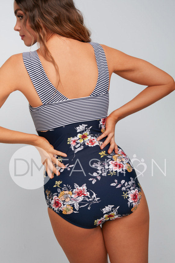 Square Neck Color Block One Piece - Navy Lilly Stripes
