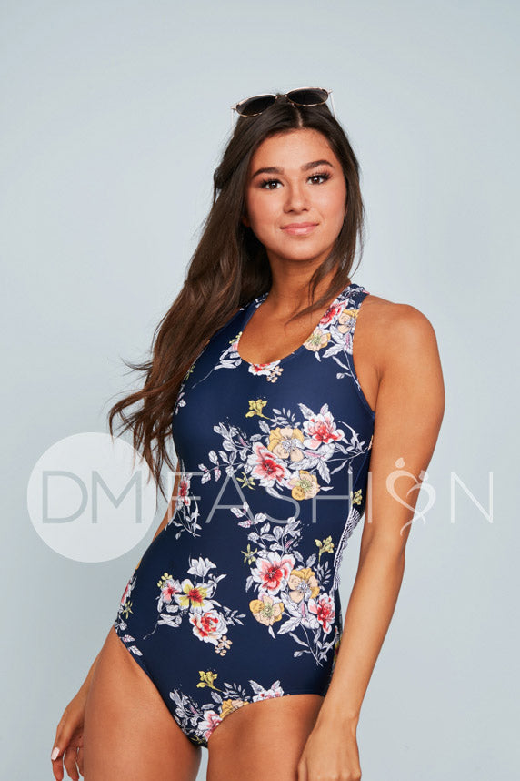Scoop Neck Cross Back One Piece - Navy Lilly Stripes