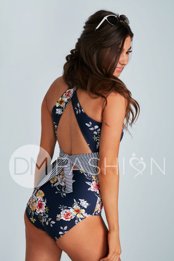 Scoop Neck Cross Back One Piece - Navy Lilly Stripes