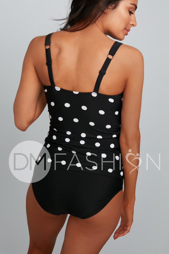 Sweetheart Ruched Tankini Top - Black Polka Dots