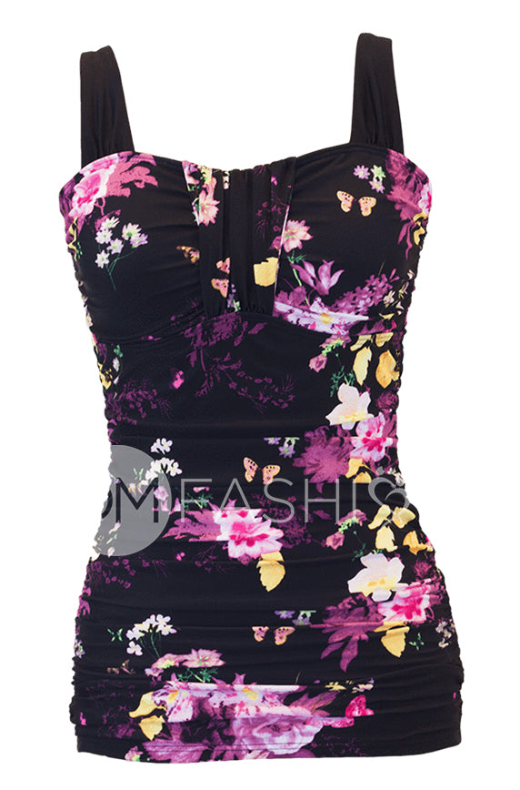 Ruched Bandeau Tankini Top - Black Floral - FINAL SALE - LOW STOCK