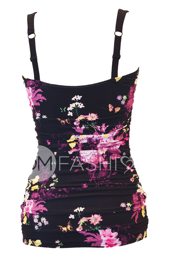Ruched Bandeau Tankini Top - Black Floral - FINAL SALE - LOW STOCK