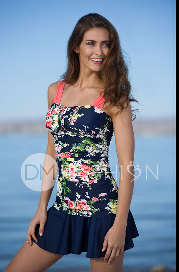 Ruched Bandeau Tankini Top - Navy Floral - FINAL SALE - LOW STOCK