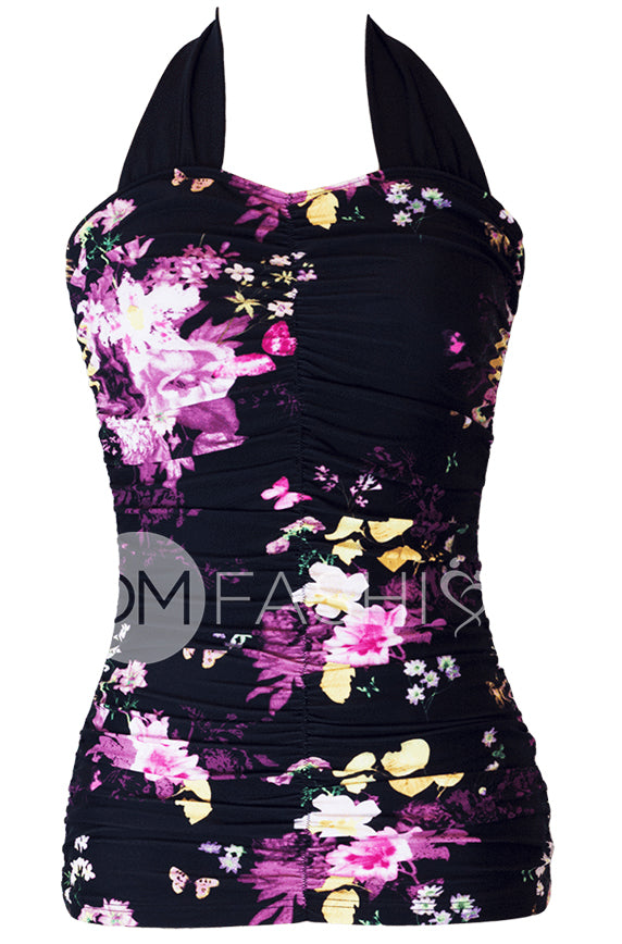 Shirred Halter Top - Black Floral - FINAL SALE - LOW STOCK