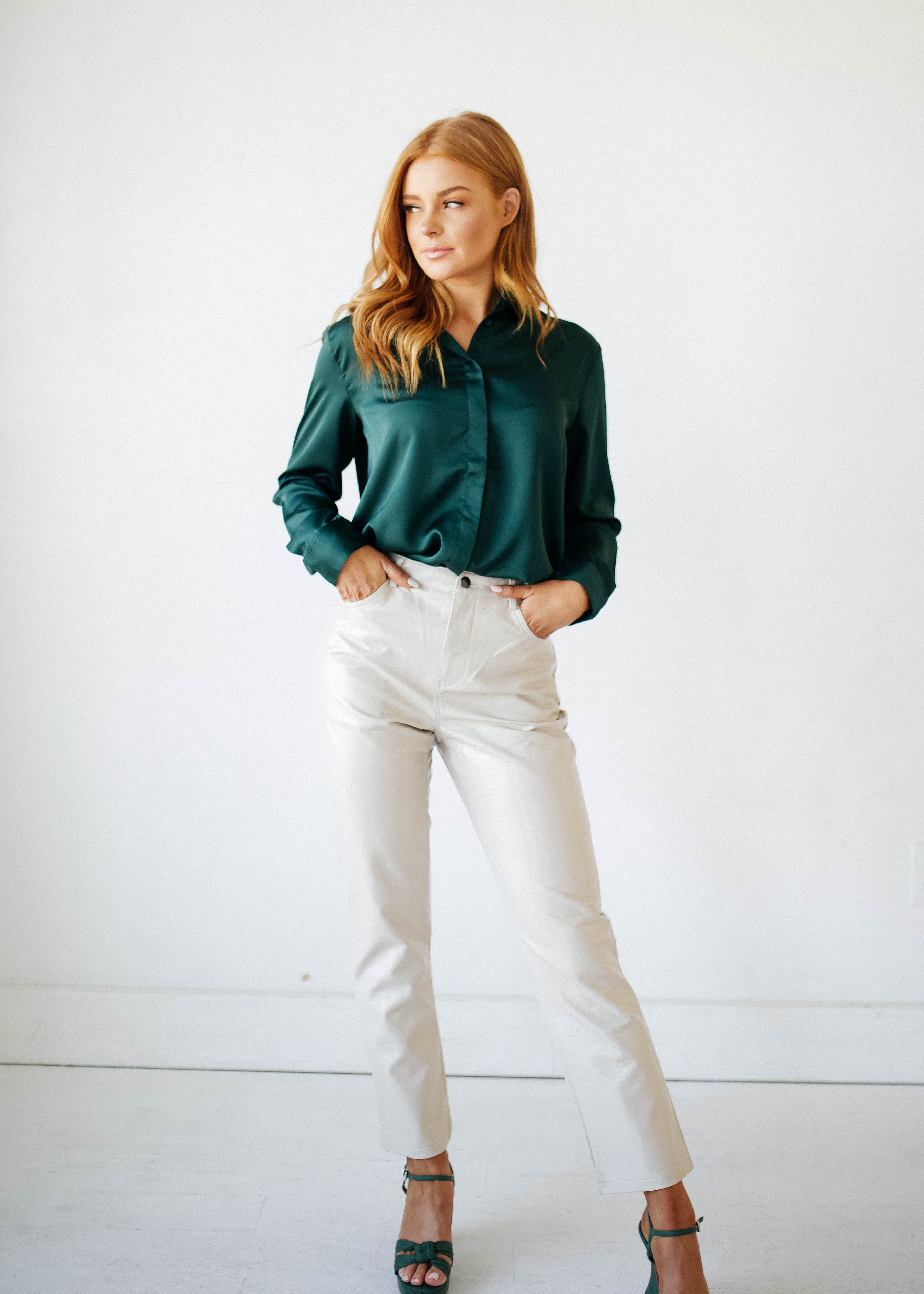Perfect Timing Emerald Green Satin Blouse- FINAL SALE