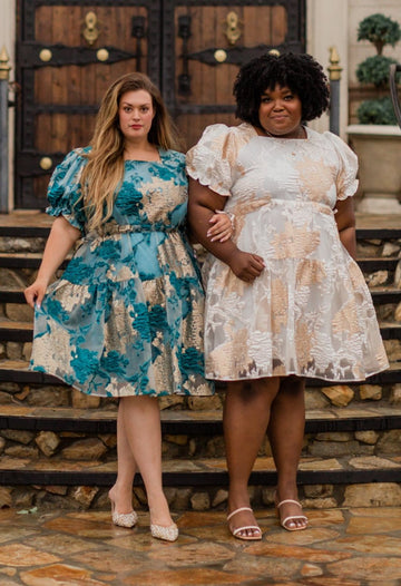 Ellis Jacquard Teal/Gold Velvet Dress - DM Exclusive - Maternity Friendly - FINAL SALE