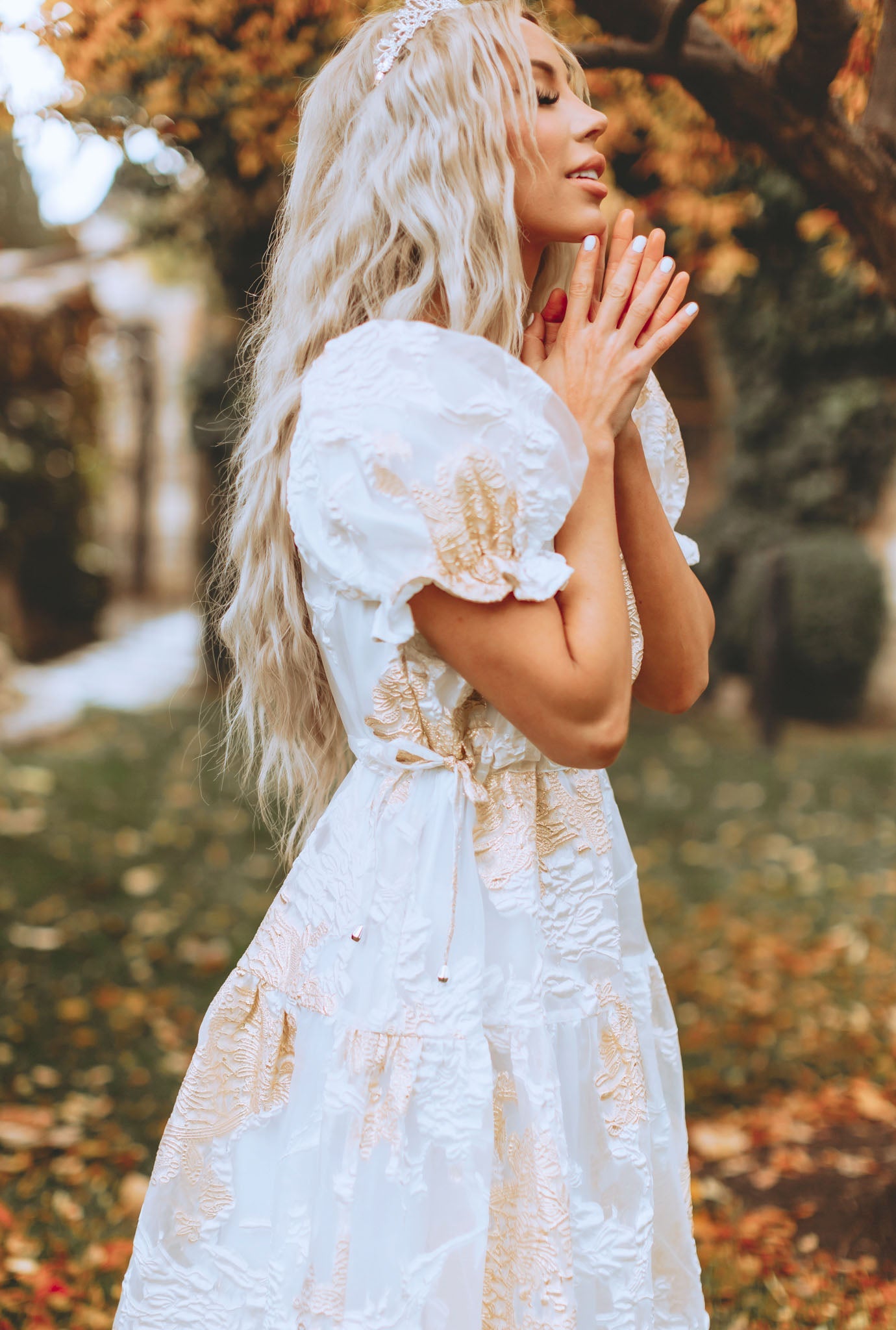 Ellis Jacquard White/Gold Velvet Dress - DM Exclusive - Maternity Friendly - FINAL SALE