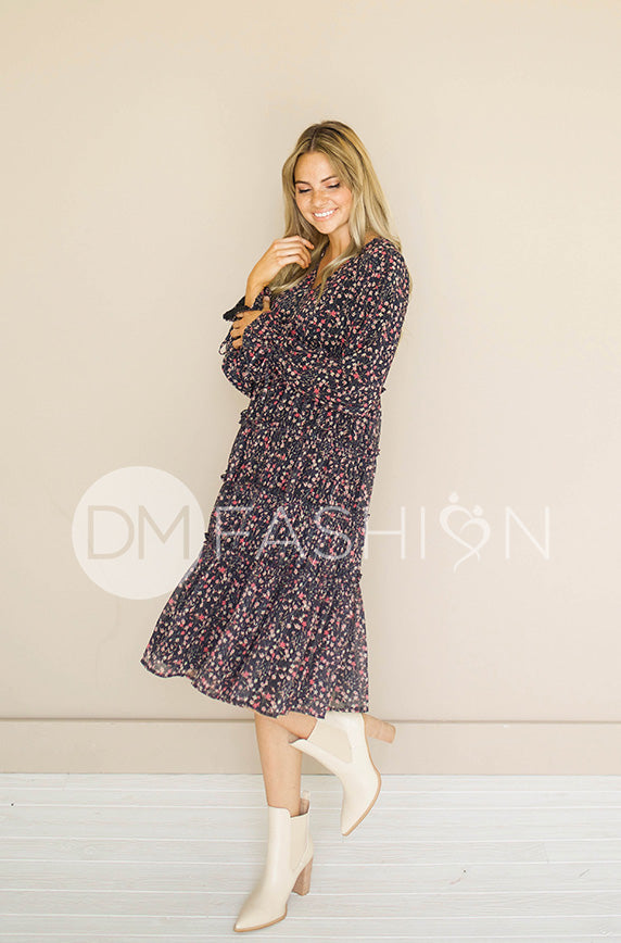 Becca Black Floral Midi Dress -  DM Exclusive - Nursing Friendly - Maternity Friendly - FINAL SALE
