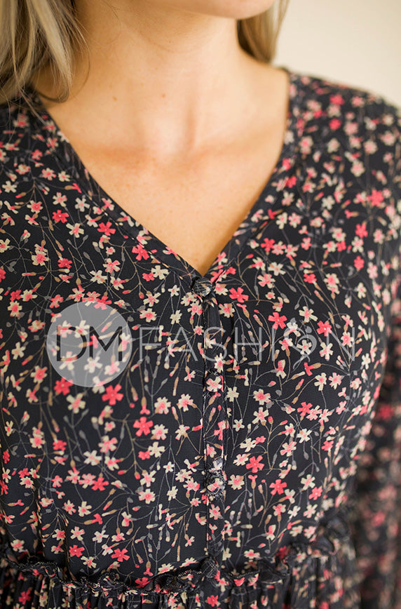 Becca Black Floral Midi Dress -  DM Exclusive - Nursing Friendly - Maternity Friendly - FINAL SALE