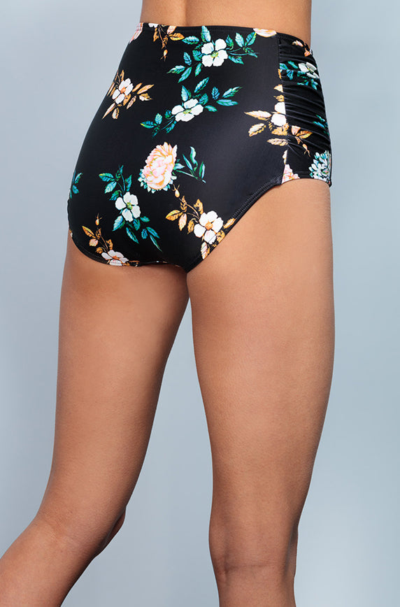 Ruched High Waist Bottom - Black Retro Floral - FINAL SALE