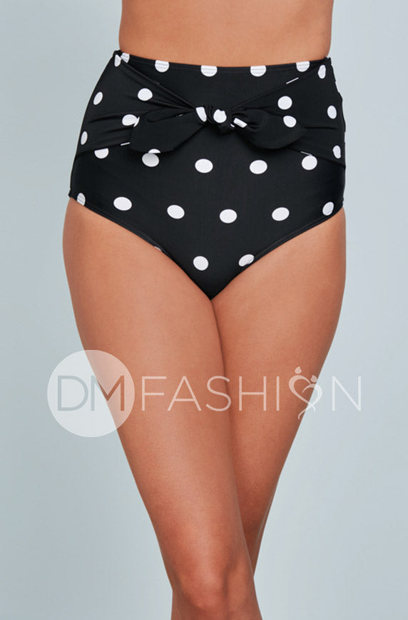 Front Tie High Waist Bottom - Black Polka Dot