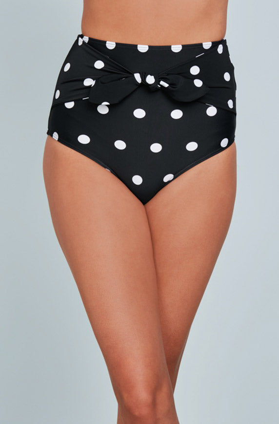 Front Tie High Waist Bottom - Black Polka Dot