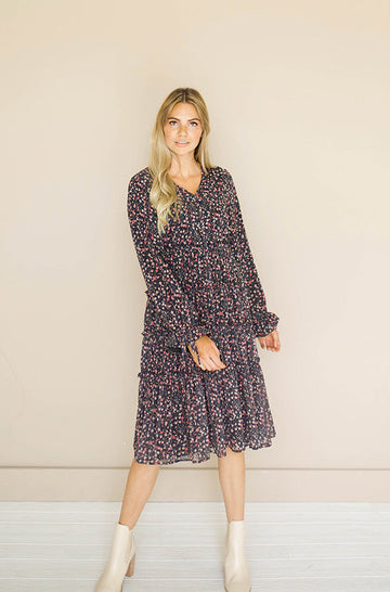 Becca Black Floral Midi Dress -  DM Exclusive - Nursing Friendly - Maternity Friendly - FINAL SALE