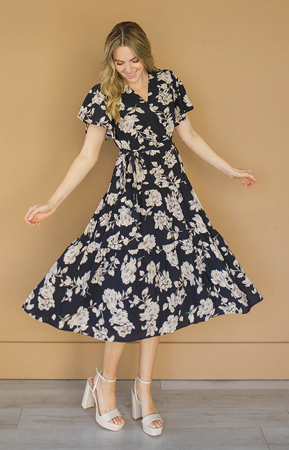 Tessa Black Floral Wrap Dress - DM Exclusive - Nursing Friendly - Maternity Friendly