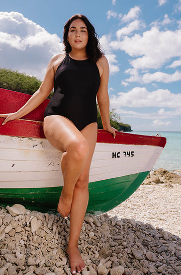 High Neck One Piece - Black Ribbed