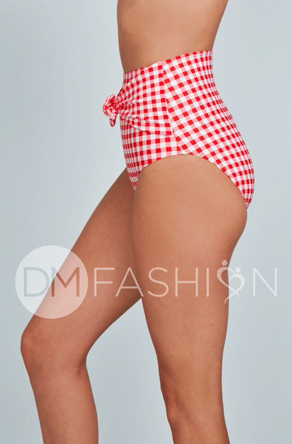 Front Tie High Waist Bottom - Cherry Red Gingham - Restocked