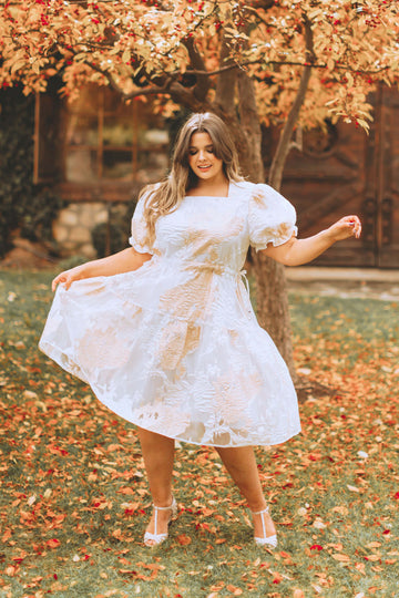 Ellis Jacquard White/Gold Velvet Dress - DM Exclusive - Maternity Friendly - FINAL SALE