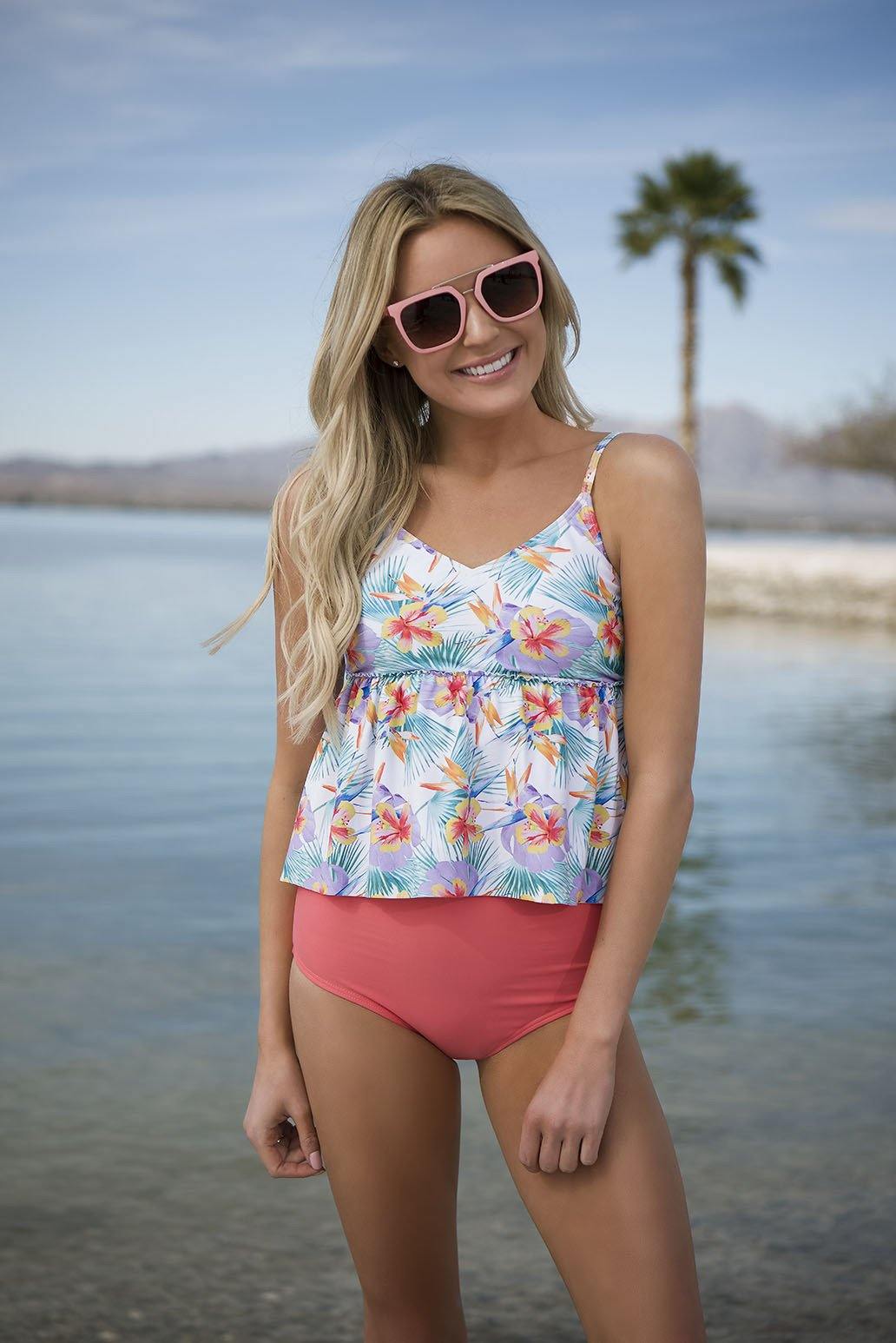 V Peplum Tankini Top - Palm Floral - FINAL SALE
