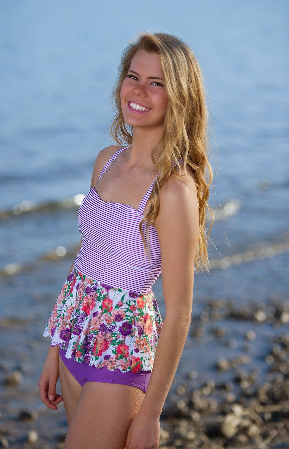 Scalloped Peplum Tankini Top - Purple Floral Stripes - FINAL SALE