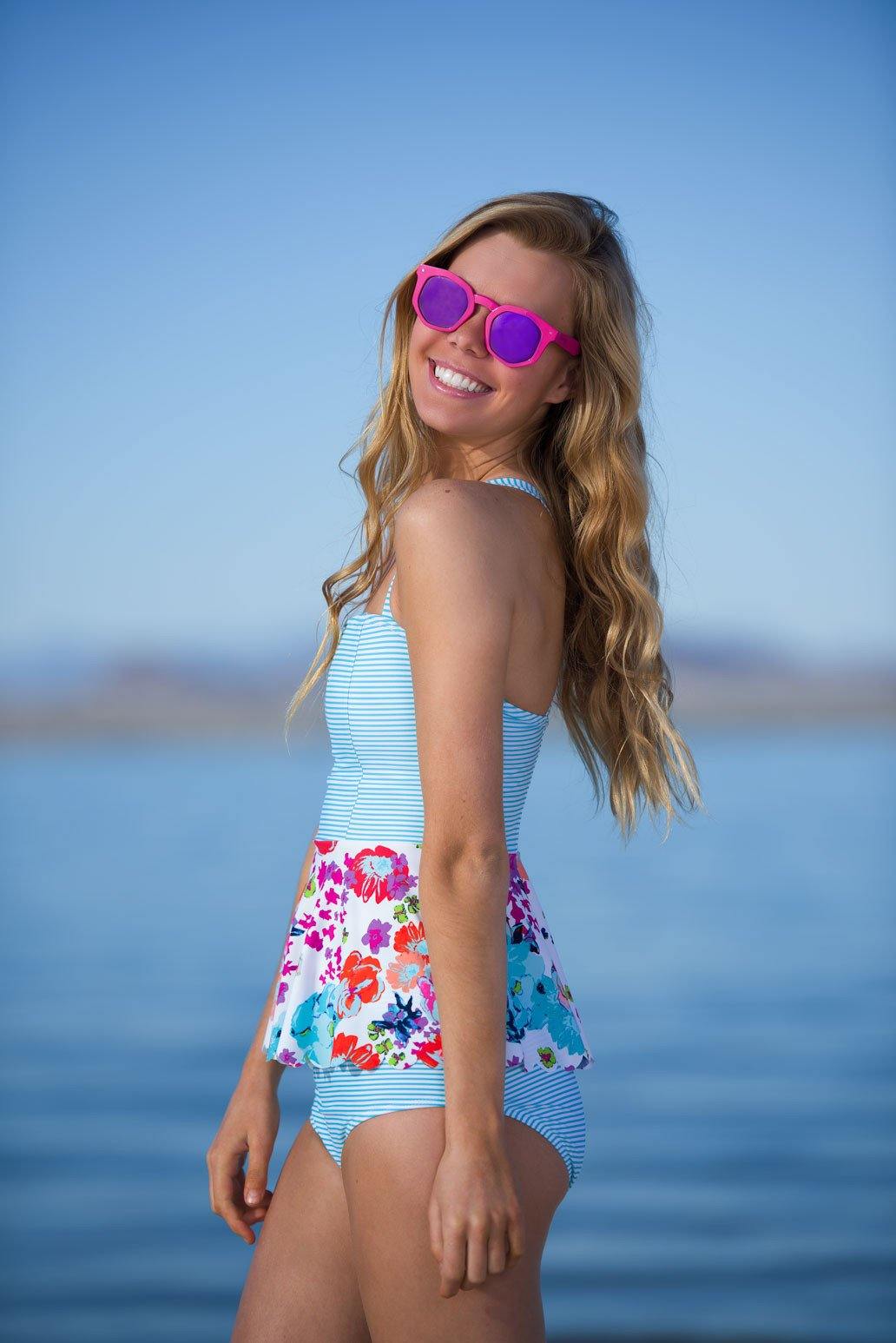 Scalloped Peplum Tankini Top - Aqua Floral Stripes - FINAL SALE