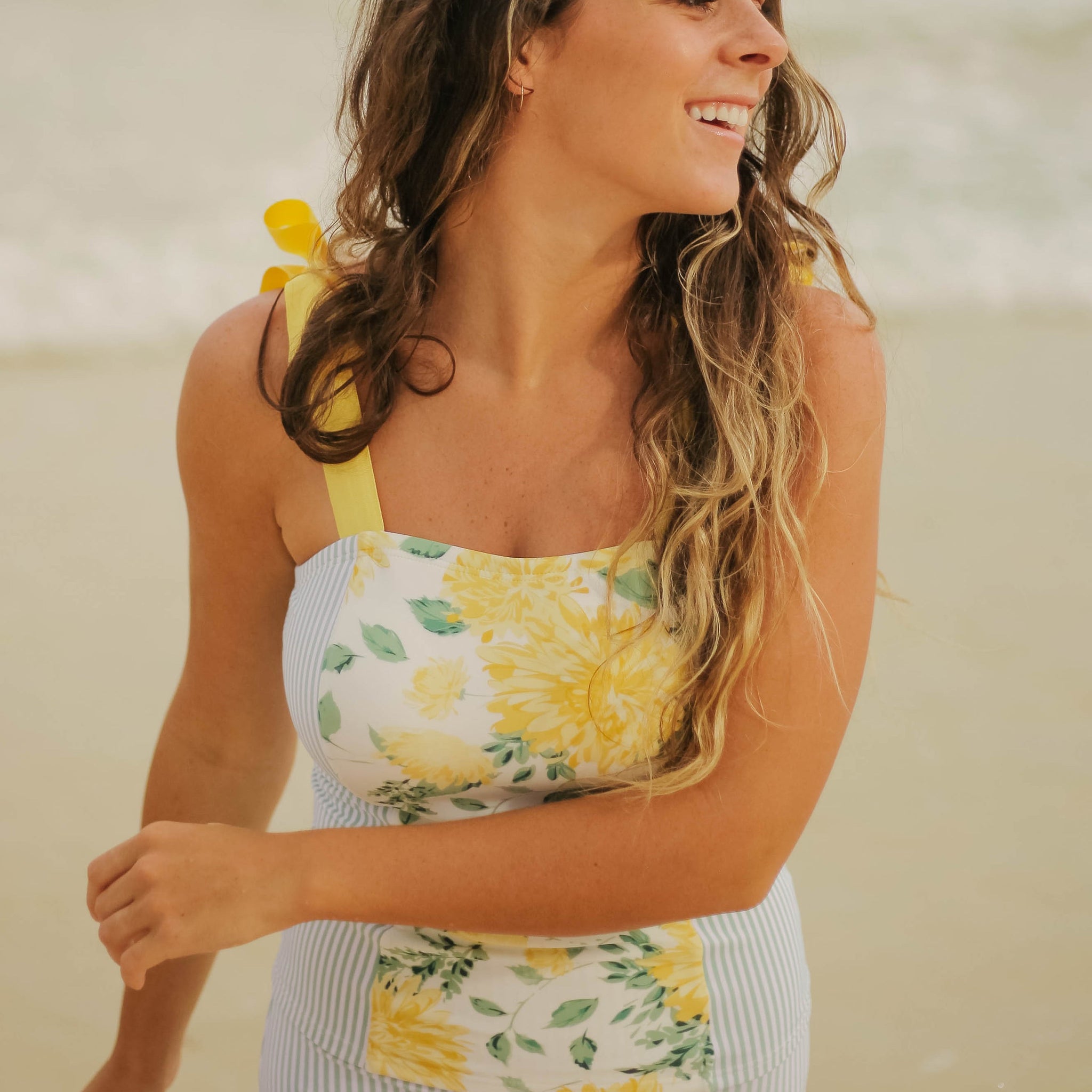 Panel Square Neck Tankini Top - Autumn Blossom Stripes - FINAL SALE - LOW STOCK