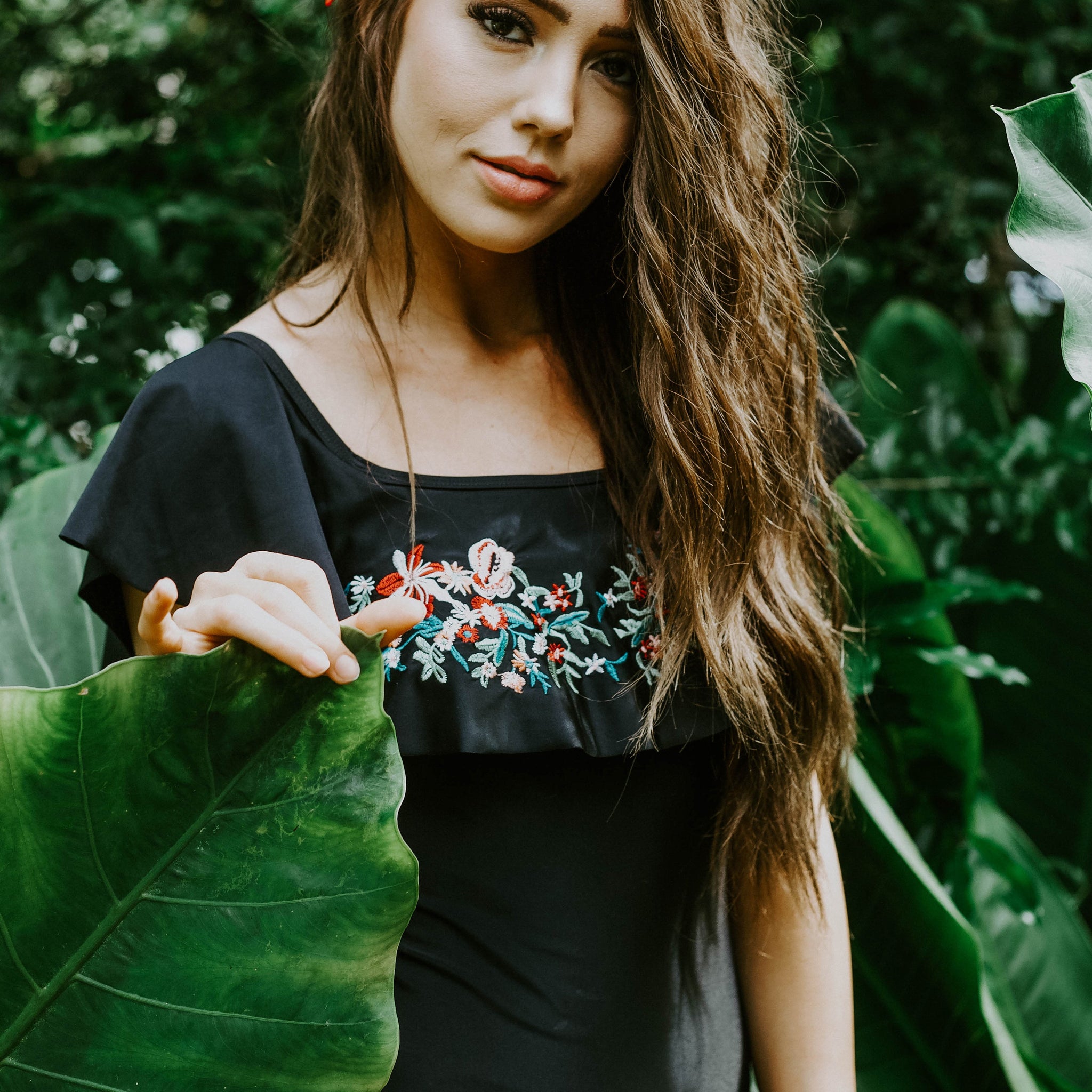 Off The Shoulder Ruffle One Piece - Black Embroidery Floral