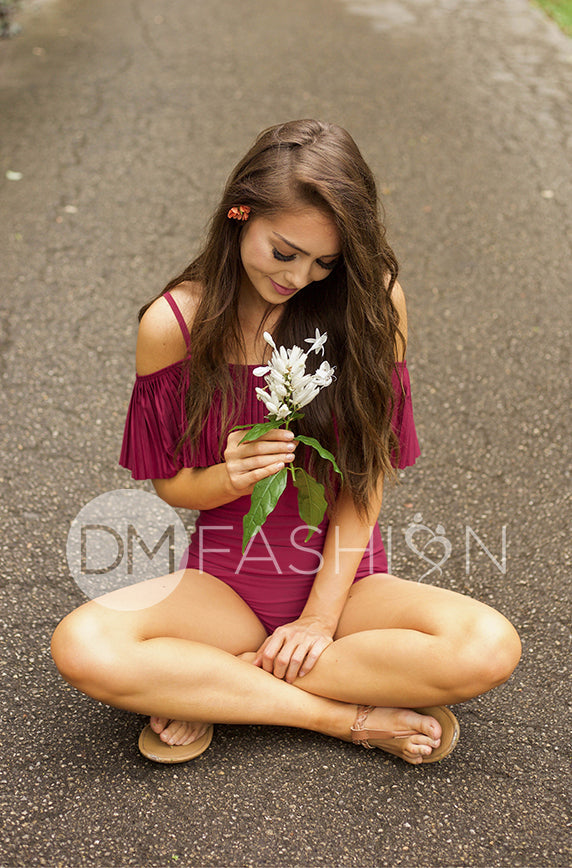 Off The Shoulder Red Plum Pleated Ruffle One Piece - FINAL SALE