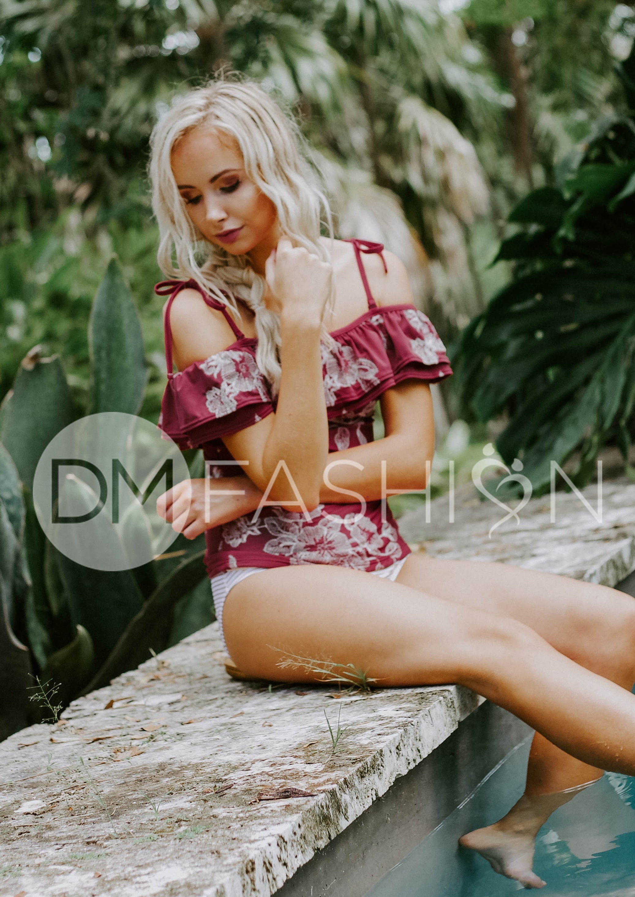 Off The Shoulder Ruched Double Ruffle Tankini Top - Red Plum Embroidery Floral - FINAL SALE